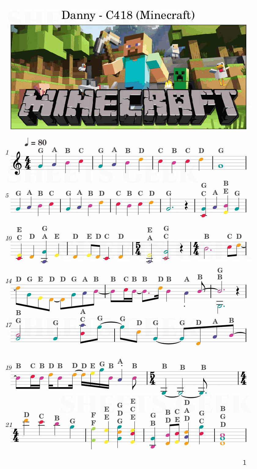 Danny - C418 (Minecraft) Easy Sheet Music Free for piano, keyboard, flute, violin, sax, cello page 1