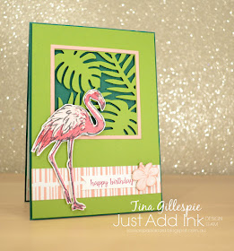 scissorspapercard, Stampin' Up!, Just Add Ink, Happy Birthday Gorgeous, Fabulous Flamingo, Tropical Thinlits, Tropical Escape DSP
