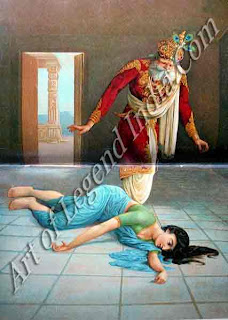 King Dasaratha finds Queen Kaikeyi collapsed on a tile floor