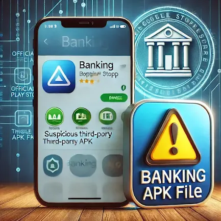 A 3D digital illustration showing a smartphone screen displaying an official app store (Google Play Store or Apple App Store) with a banking app being downloaded. A warning symbol appears next to a suspicious third-party APK file, indicating the risk of malware. The background has a digital security shield to emphasize safe app installation