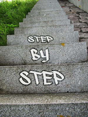 looking down a concrete outside staircase, with the words 'Step By Step' written graffiti-style on three of the steps