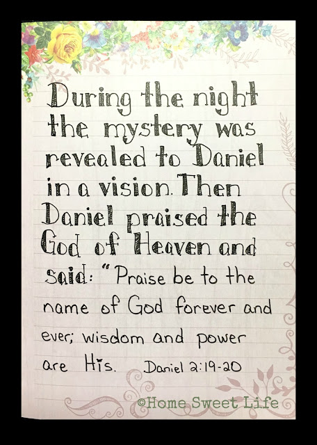 Scripture Writing, Daniel 2:19-20, hand lettering