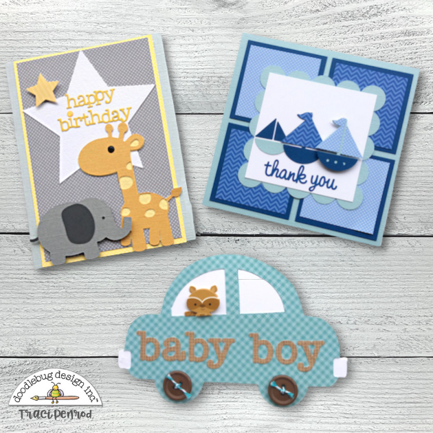 Baby boy handmade cards with giraffe, elelphant, car, and boats