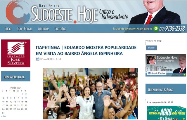 Publicação do blog Sudoeste Hoje comprova presença do pré-candidato a prefeito Eduardo Hagge (MDB)