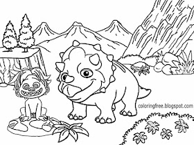 Prehistoric cartoon kid cave boy Spot the good dinosaur printable coloring pictures easy to color in