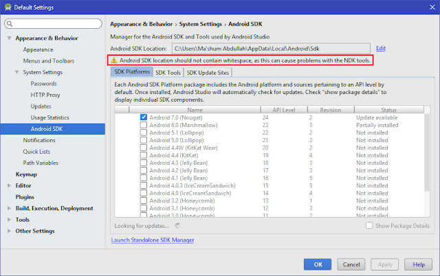 Android SDK location should not contain whitespace, as this can cause problems with the NDK tools