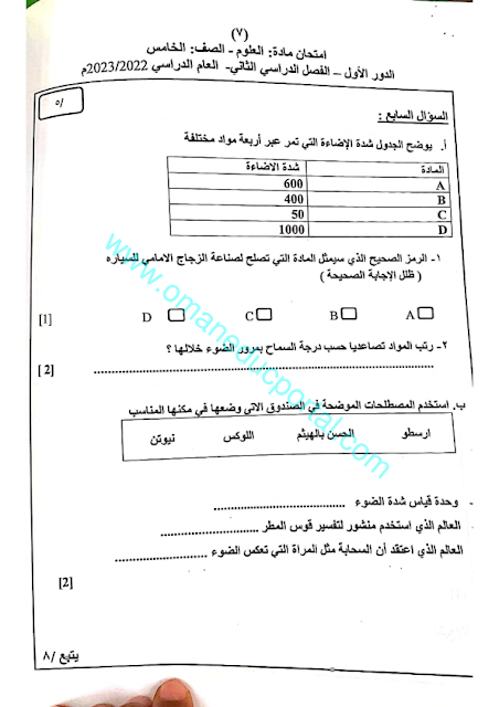 نموذج اجابة امتحان العلوم للصف الخامس الفصل الثاني الدور الاول 2022-2023 محافظة الظاهرة