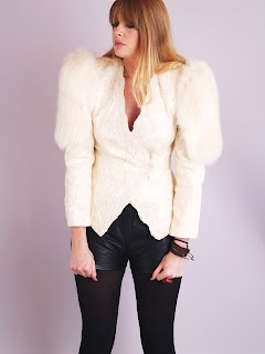 Vintage 1980's ivory colored beaded tuxedo jacket with fox fur shoulders