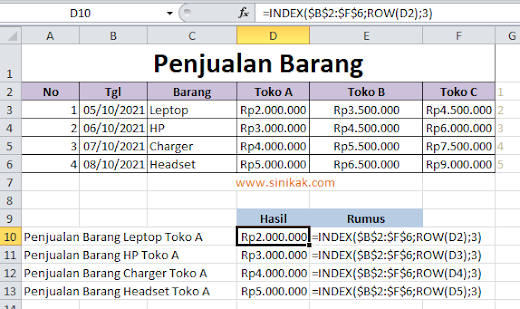 CONTOH FUNGSI ROW DENGAN FUNGSI INDEX PADA EXCEL