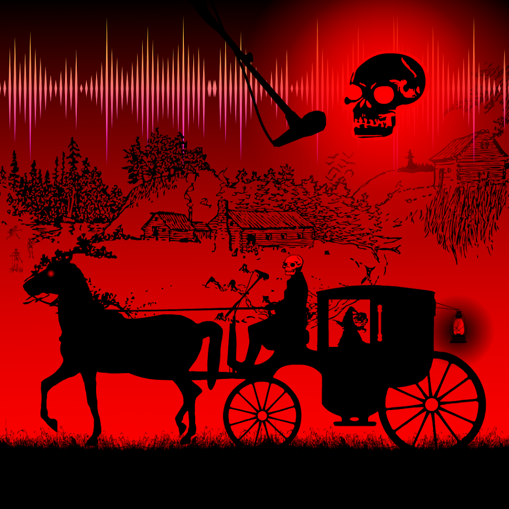 Tentativa de criar uma nova capa para meu Podcast; Uma carroça puxada por um condutor terrível, cuja cabeça é um crânio