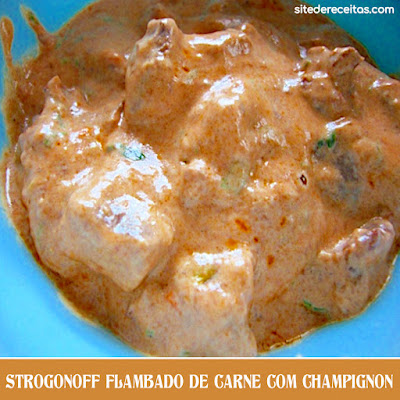 Strogonoff flambado de carne com champignon