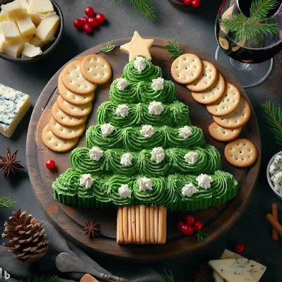 Dieses Bild zeigt einen Weihnachtsbaum, der aus Kräuter-Zitronen-Butter und Crackern gefertigt ist. Der Baum liegt auf einer runden Holzplatte. Er ist etwa 20 cm hoch und hat eine Sternen-Spitze aus Käse. Er ist mit verschieden Arten von Buttertupfen, Crackern und Beeren geschmückt. Die Cracker sind in verschiedenen Größen und Formen. Das Bild vermittelt ein Gefühl von Kreativität und Spaß. Der Weihnachtsbaum ist eine originelle und ansprechende Art, Weihnachten zu feiern. Die Kombinationen aus Butter, Beeren und Crackern verleiht dem Baum einen festlichen und appetitlich aussehenden Stil.