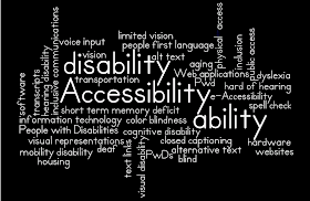word cloud of words: ability disability PwDs Pwd People~with~Disabilities e-Accessibility physical-access transportation, public~access, housing, IT, information~technology hardware software Web~applications websites aging visual~disability blind limited~vision vision color~blindness hearing~disability, deaf, hard~of~hearing, visual~representations, closed~captioning, transcripts mobility~disability voice~input cognitive~disability dyslexia short~term~memory~deficit inclusion inclusive~communications people~first~language alt~text alternative~text text~links spell~check Accessibility