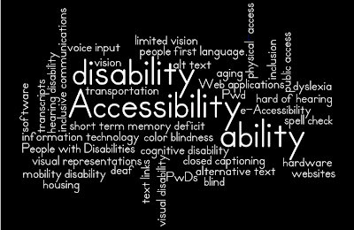 word cloud of words: ability disability PwDs Pwd People~with~Disabilities e-Accessibility physical-access transportation, public~access, housing, IT, information~technology hardware software Web~applications websites aging visual~disability blind limited~vision vision color~blindness hearing~disability, deaf, hard~of~hearing, visual~representations, closed~captioning, transcripts mobility~disability voice~input cognitive~disability dyslexia short~term~memory~deficit inclusion inclusive~communications people~first~language alt~text alternative~text text~links spell~check Accessibility