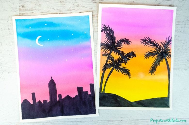 sunset silhouette watercolour painting for kids