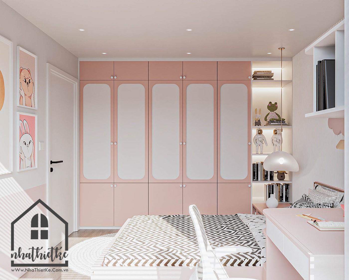 Thiết kế phòng ngủ cho bé gái hiện đại dễ thương gam màu hồng trắng