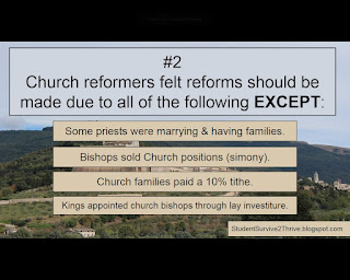 Church reformers felt reforms should be made due to all of the following EXCEPT: Answer choices include: Some priests were marrying & having families. Bishops sold Church positions (simony). Church families paid a 10% tithe. Kings appointed church bishops through lay investure.