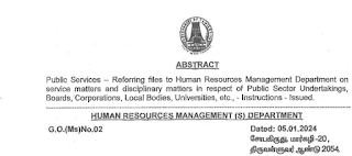 G.O Ms.No.2- Referring files to Human Resources Management Department on service matters and disciplinary matters in respect of Public Sector Undertakings, Boards,Corporations, Local Bodies, Universities, etc., - Instructions - Issued. 