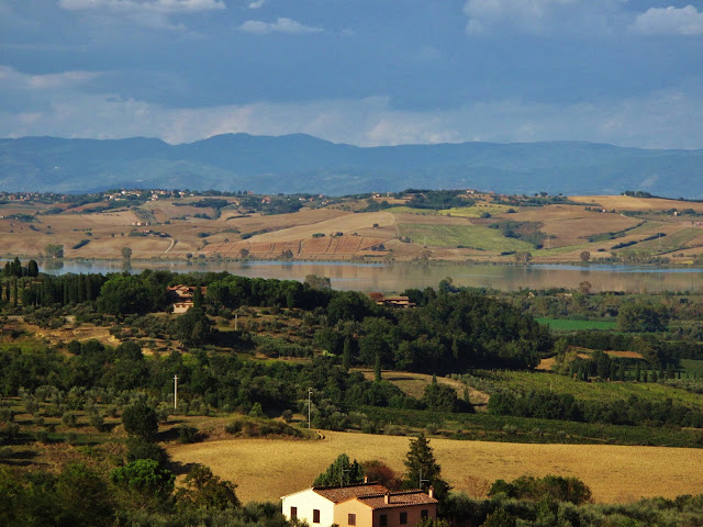 A view of Lake Chiusi from the cathedral of Chiusi's  belltower, Chiusi, Province of Siena, Tuscany, Italy