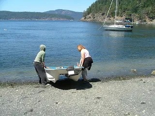 beaching dinghy at James Island in the San Juans