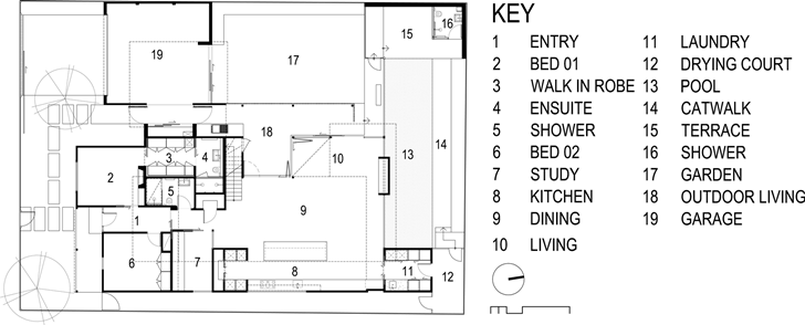 Ground floor plan in Dark Contemporary Home by Steve Domoney Architecture
