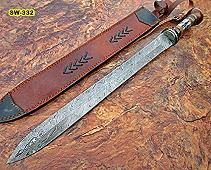 SW-149, Handmade Damascus Steel 25 Inches Sword Rose Wood & Colored Bone Handle with Damascus Steel Guard