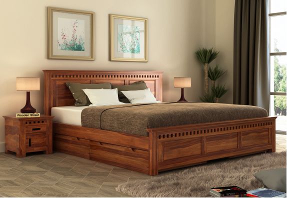 Wooden King size bed: Adolph Bed with Side Storage