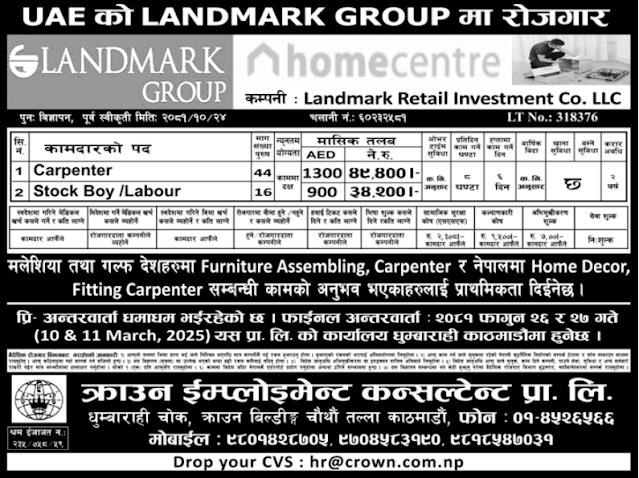 Carpenter, Stock Boy/Labour ( Dubai ) Salary Upto RS 50,000