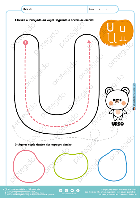 Atividade de VOGAL U bastão para tracejar e copiar, baixar e imprimir em qualidade