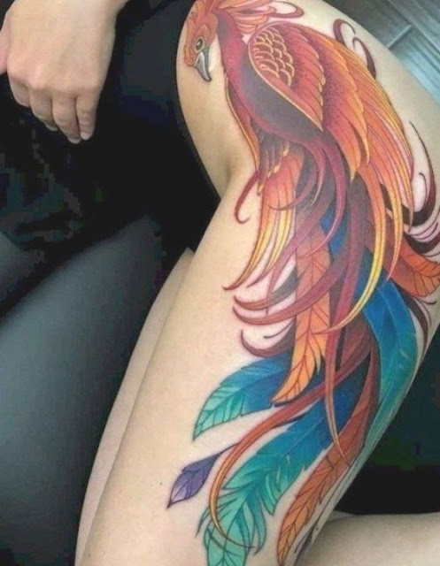 Colourful-Phoenix-Thigh-Tattoo