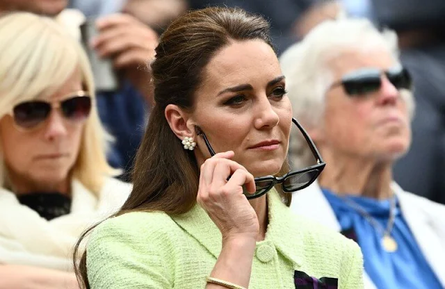 Princess of Wales wore a pastel green lime boucle collared chiffon midi dress by Self Portrait. Cassandra Goad Cavolfiore pearl earrings