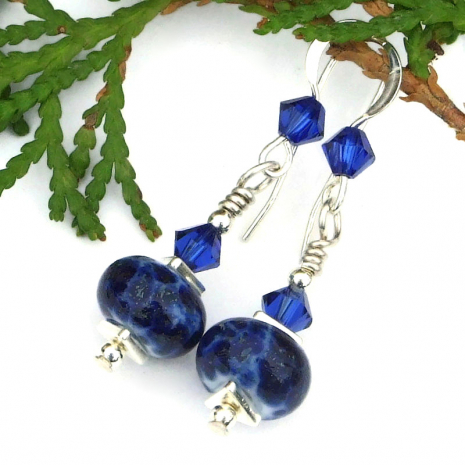 blue and silver lampwork and crystal earrings for women