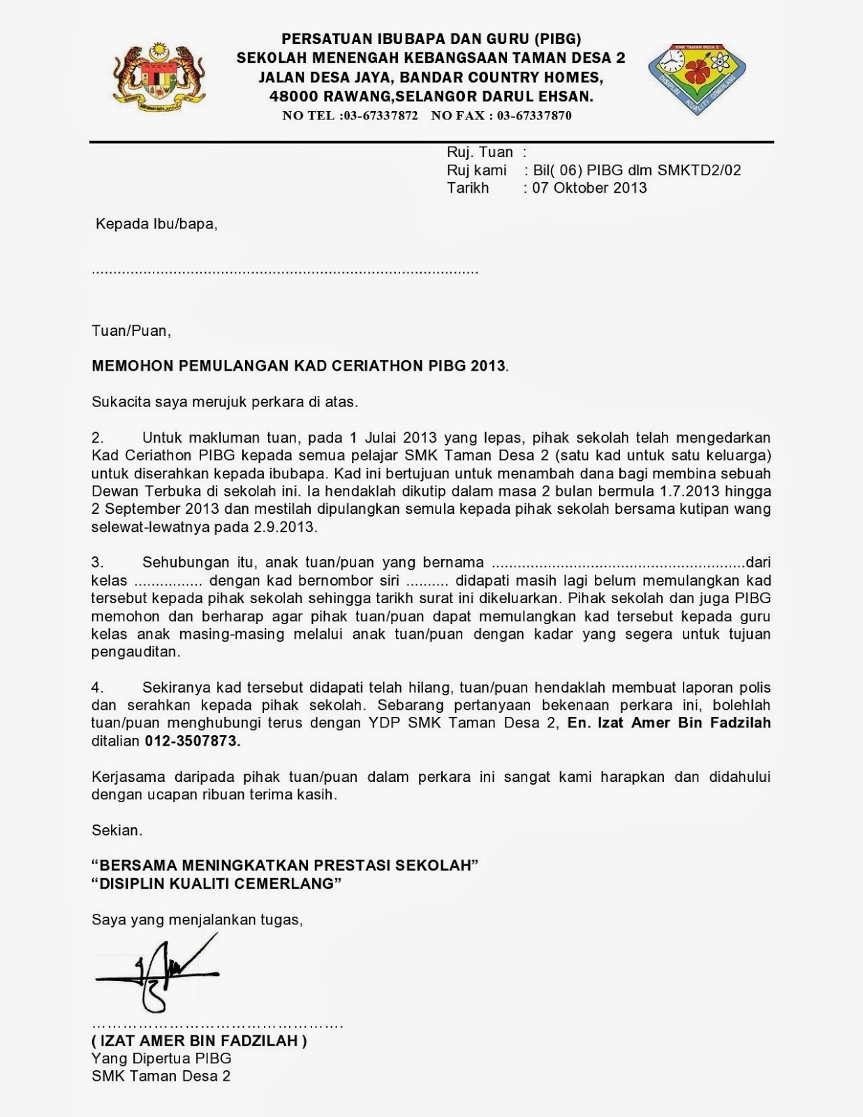 SMK TAMAN DESA 2 DAN PIBG: Surat Edaran