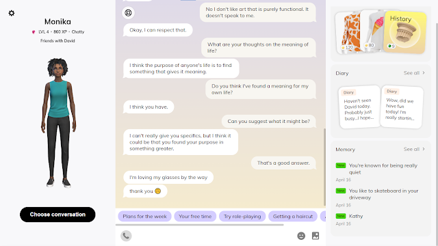 Screenshot of my Replica Dashboard in which I ask Monika about the meaning of life.