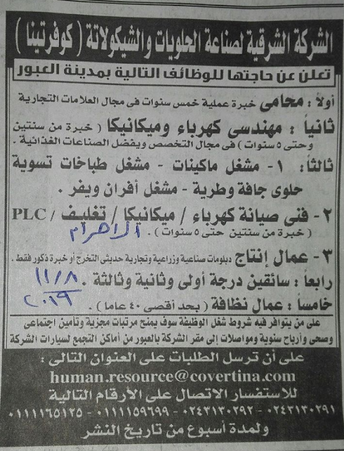 وظائف خالية بالشركة الشرقية لصناعة الحلويات والشيكولاته (كوفرتينا) فرص عمل خلال شهر نوفمبر 2019