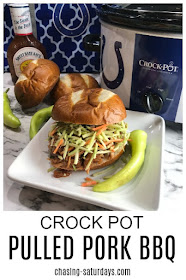 Chasing Saturdays Making pulled pork in the crock pot is a simple meal.   Crock Pot Pulled Pork BBQ is a crowd favorite recipe to plan in advance for harvest, or bring to the game! 