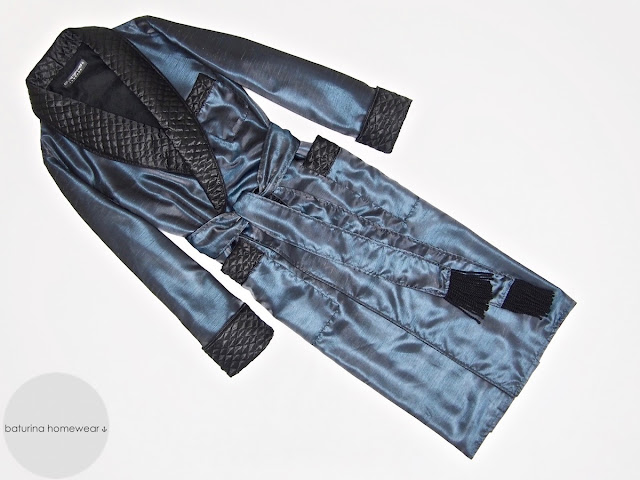 Men's silk dressing gown quilted robe full length dark blue