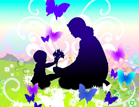 sillhouette of a child and mother with butterflies 