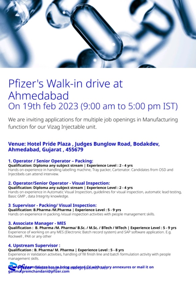 Pfizer Pharma | Walk-in interview at Ahmedabad for Multiple Positions on 19th February 2023