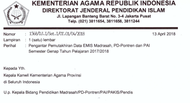 Surat Pengantar Pemutakhiran Data Emis Madrasah, PD-Pontren Dan PAI Semester Gena[ Tahun 2017/2018