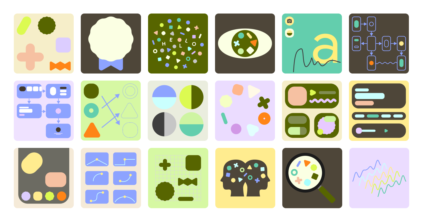 image of a 6 x 3 grid of illustrated designs