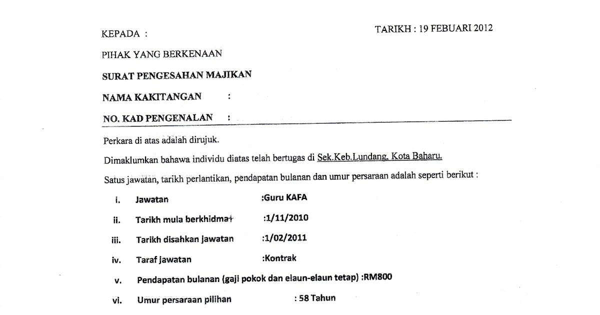 Contoh Surat Rasmi Pengesahan Pendapatan Bekerja Sendiri 