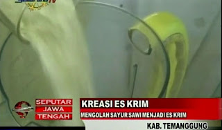 (Antara)-Siswi Sekolah Dasar Pangudi Utami di Kota Temanggung, Jawa Tengah, berhasil menciptakan makanan alternatif pengganti sayuran berupa es krim. Selain bermanfaat bagi kesehatan tubuh, es krim sawi rasa alpukat ini, disukai anak-anak yang tidak gemar makan sayuran. 