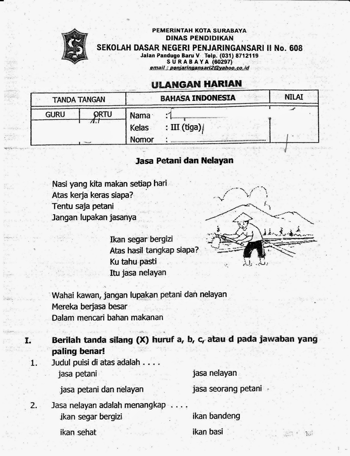 Ulangan Harian Bhs Indonesia Semester Ganjil Kelas 3 SD TA 2014 2015