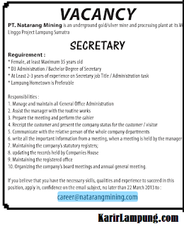 Lowongan Sekretaris PT. Natarang Mining Lampung Terbaru Maret 2013