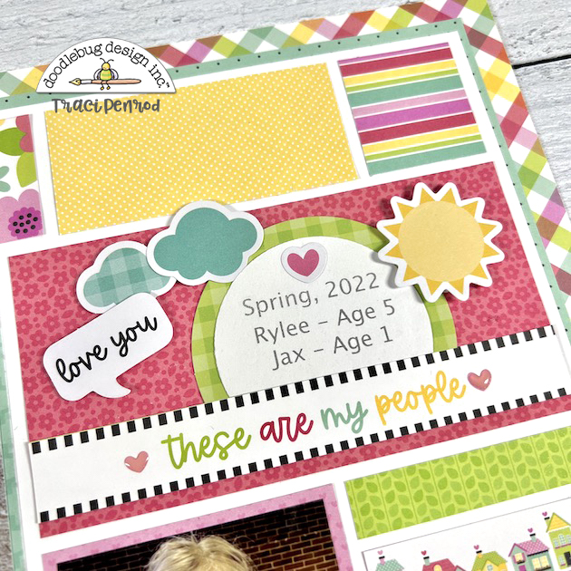 12x12 Scrapbook Page Layout with clouds, flowers, hearts and plaid