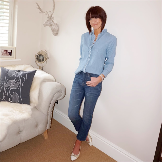 My midlife fashion, isabel marant light blue denim ruffle shirt, j crew billie cropped kick flare jeans, j crew pointed two tone metallic ballet pumps