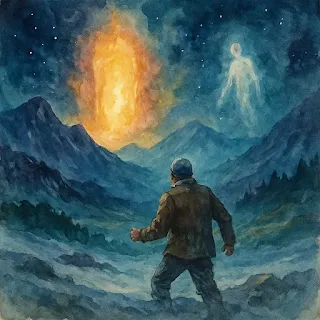 Pintura digital en acuarela de un paisaje onírico y montañoso, con colores suaves y neblina etérea, evocando el mundo de los sueños y lo espiritual.