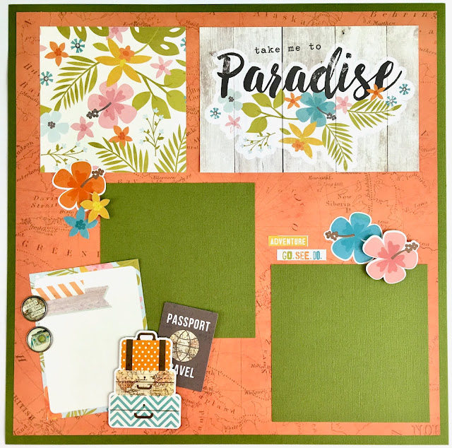 12x12 Tropical Summer Scrapbook Page Layout with hibiscus, flowers, palm leaves, luggage, and enamel brads