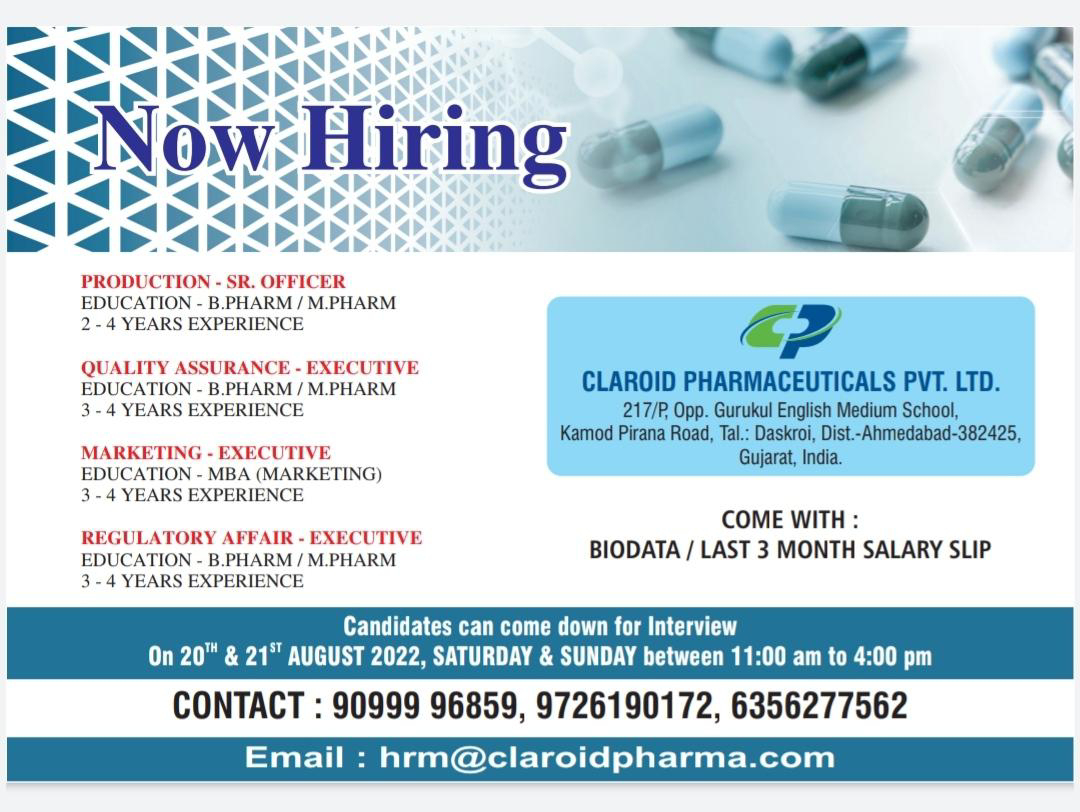 Job Available's for Claroid Pharmaceuticals Pvt Ltd Walk-In Interview for B Pharm/ M Pharm/ MBA Marketing